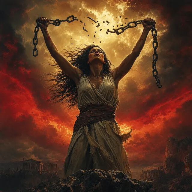 Defiant figure breaking chains