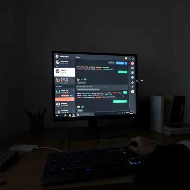 First-person room with Discord monitor and floating text