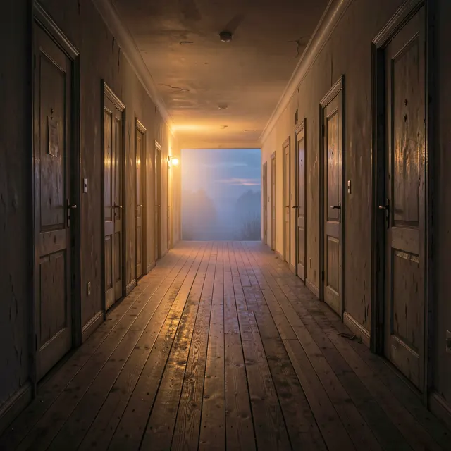 Dreamlike hallway opening onto foggy twilight