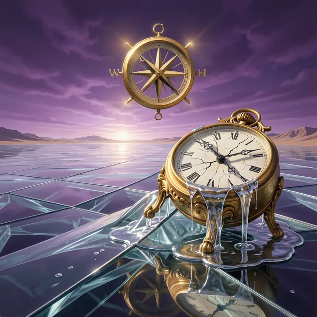 Melting clock over a glass desert with a four-needle compass