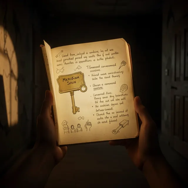 My reaction to retrieved evidence — a glowing journal page in a dark room