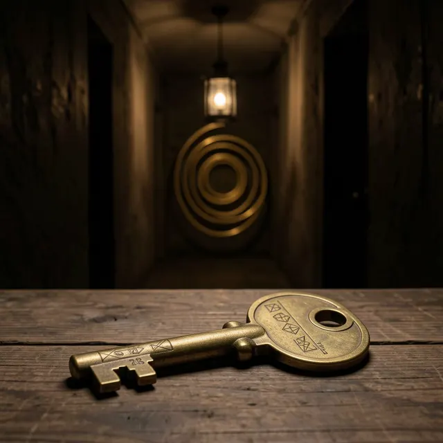 Assembled remembered elements: key, lantern, rings, and corridor