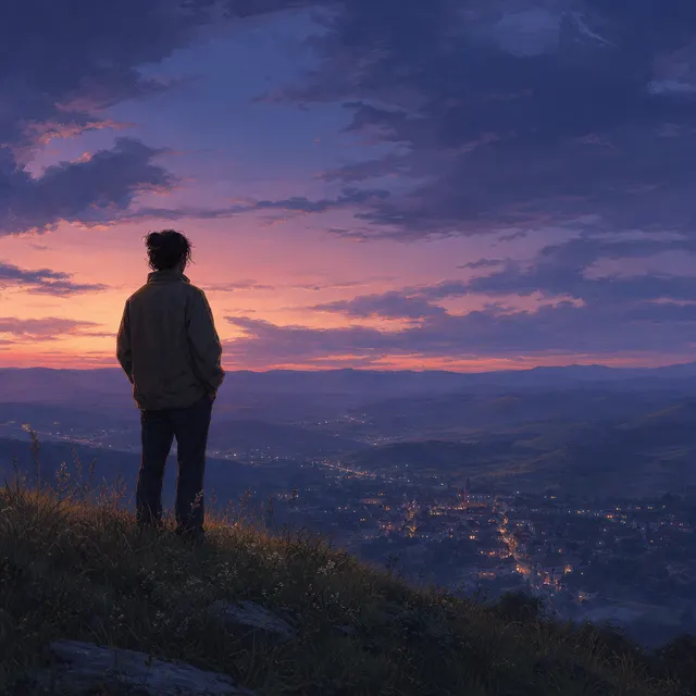 Hill at dusk overlooking the fallen town