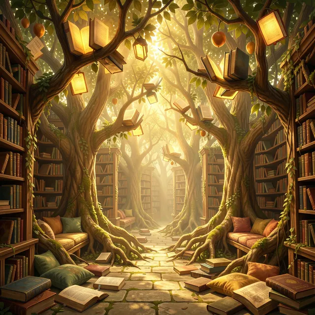 Library where bookshelves have grown into living trees