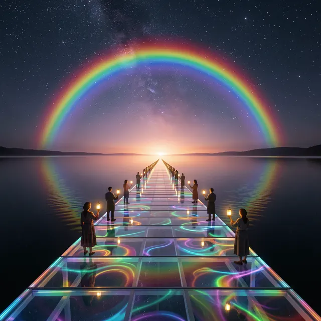 Luminous walkway across water toward glowing horizon