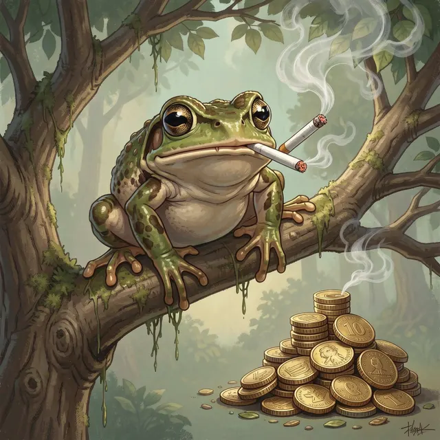 Horny toad on a tree smoking weed with money to spare