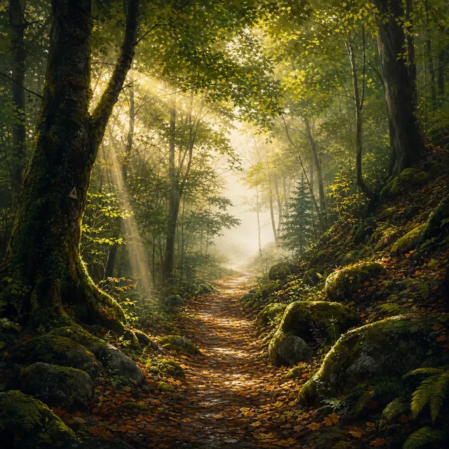 Sunlit forest path into fog