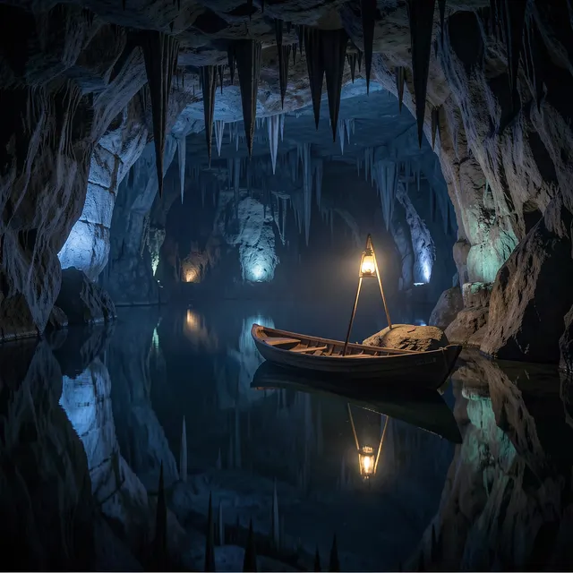Underground cavern lake with a small boat and lantern