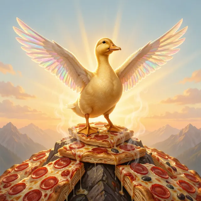 Holy duck rising from pizza mountain at sunrise