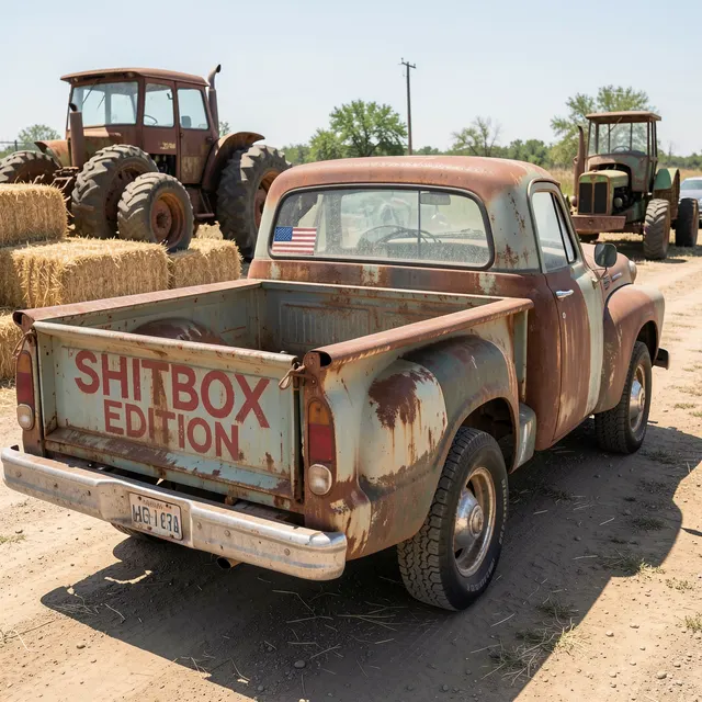 Rust-covered pickup truck with 'SHITBOX EDITION' tailgate sign