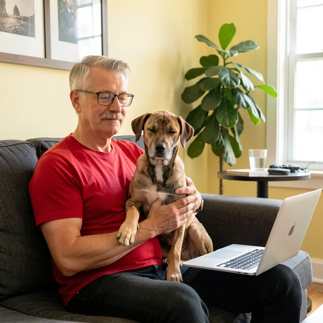 Man on couch with dog and laptop