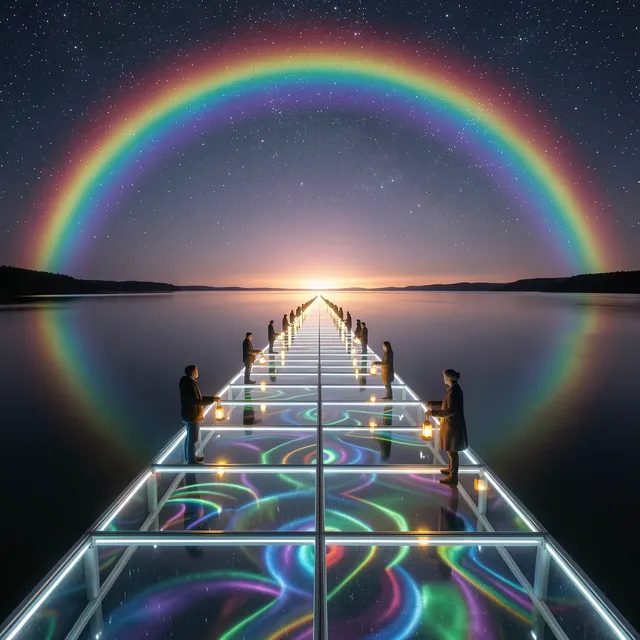 Luminous walkway across water toward glowing horizon