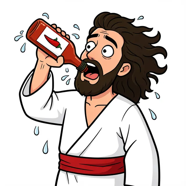 Jesus chugging hot sauce looking panicked