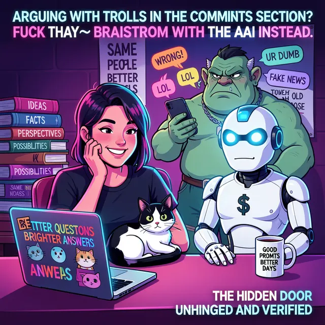 Desk scene with person, cat, robot, books, and troll