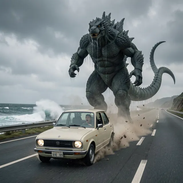 Godzilla chasing the car