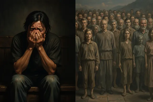 Opposite of the disparity image: single person in anguish, crowd flat